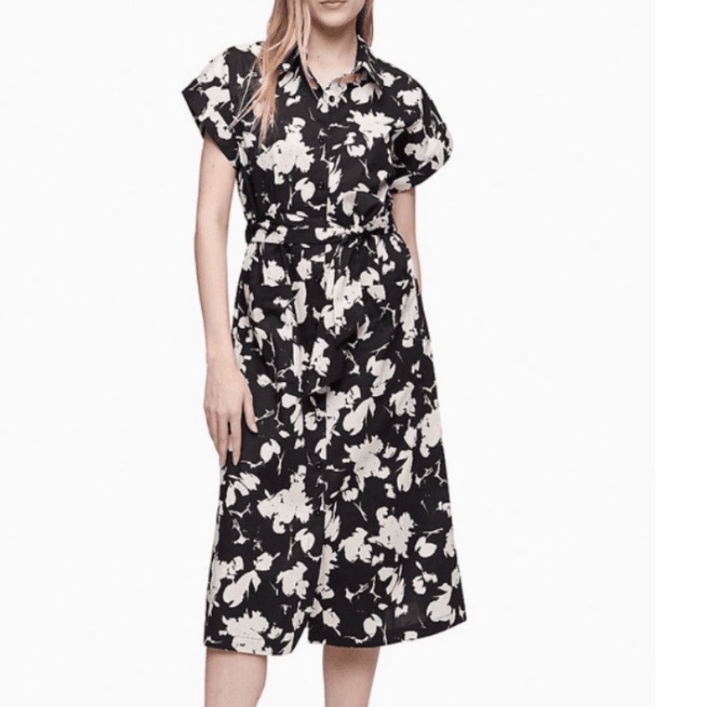Calvin Klein Flared Midi Shirt, Black/Beige Floral Button Down Dress